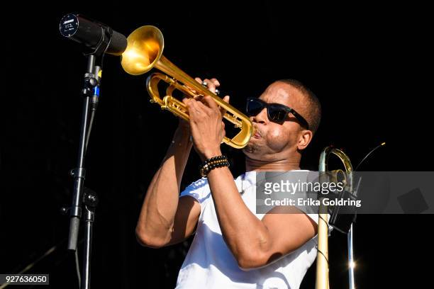 Troy Andrews of Trombone Shorty and Orleans Avenue performs during Okeechobee Festival at Sunshine Grove on March 4, 2018 in Okeechobee, Florida.