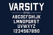 Classic college font. Vintage sport font in american style for football, baseball or basketball t-shirts. Athletic department typeface, varsity style font