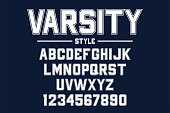 Classic college font. Vintage sport font in american style for football, baseball or basketball t-shirts. Athletic department typeface, varsity style font