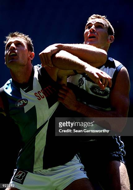 Matthew Primus for Port Adelaide and Steven King for Geelong in action during the Ansett Cup game between the Port Adelaide Power and Geelong Cats at...