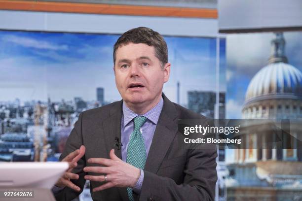 Paschal Donohoe, Ireland's finance minister, gestures as he speaks during a Bloomberg Television interview in London, U.K., on Monday, March 5, 2018....