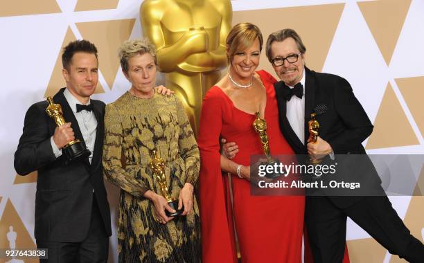 Actor Sam Rockwell, winner of the Best Supporting Actor award for 'Three Billboards Outside Ebbing, Missouri', actor Frances McDormand, winner of the...