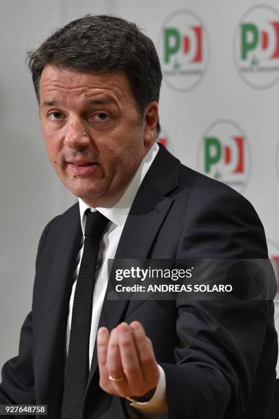 Former Prime Minister and leader of the Democratic Party , Matteo Renzi, gives a press conference a day after Italy's general elections on March 5,...