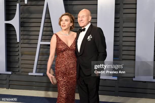 Sunny Ozell and Patrick Stewart attend the 2018 Vanity Fair Oscar Party Hosted By Radhika Jones - Arrivals at Wallis Annenberg Center for the...