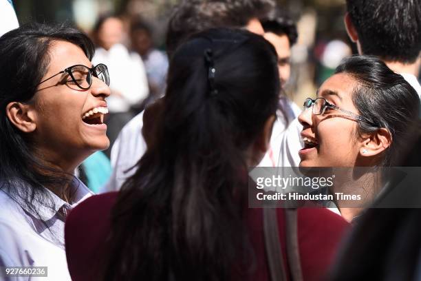 Students coming out after appearing for the Class XII CBSE exam at Bharatiya Vidya Bhavan at Copernicus Marg, on March 5, 2018 in New Delhi, India....