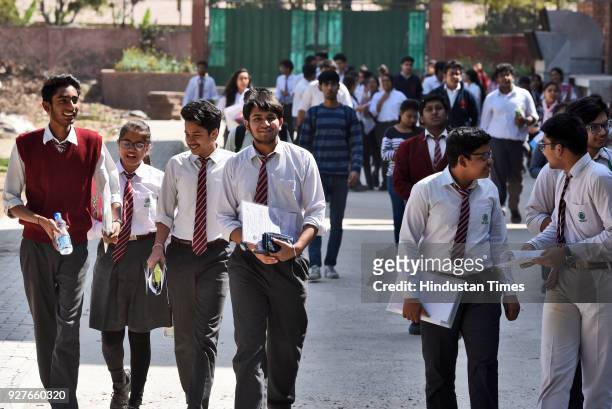 Students coming out after appearing for the Class XII CBSE exams at Bharatiya Vidya Bhavan at Copernicus Marg, on March 5, 2018 in New Delhi, India....