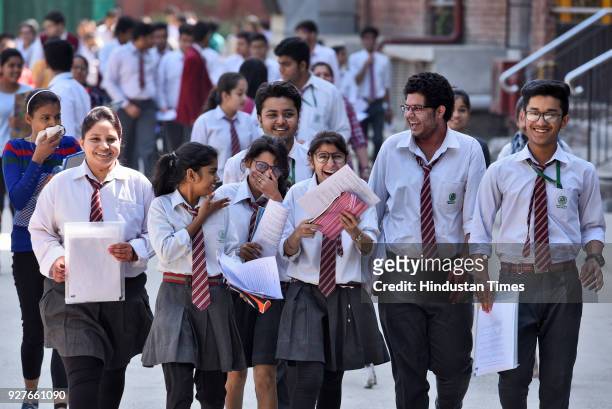 Students coming out after appearing for the Class XII CBSE exam from Bharatiya Vidya Bhavan at Copernicus Marg, on March 5, 2018 in New Delhi, India....