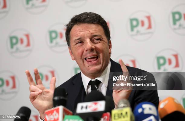 Matteo Renzi resigns as Leader of the Democratic Party during a press conference at the PD headquarters on March 5, 2018 in Rome, Italy. Provisional...