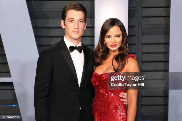 Miles Teller and Keleigh Sperry attend the 2018 Vanity Fair Oscar Party hosted by Radhika Jones at the Wallis Annenberg Center for the Performing...