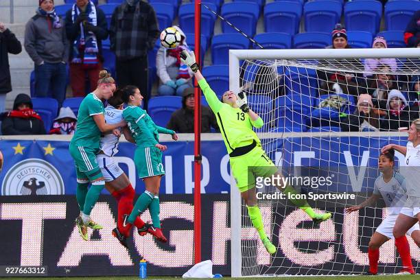 England goalkeeper Siobhan Chamberlain makes a save during the first half of the SheBelieves Cup Womens Soccer game between Germany and England on...