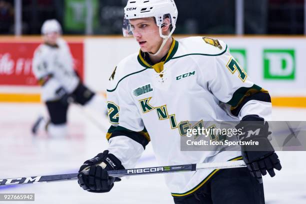 London Knights Defenceman Alec Regula participates in drills during warm-up before Ontario Hockey League action between the London Knights and Ottawa...