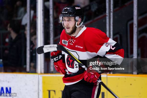 Ottawa 67's Defenceman Noel Hoefenmayer puts his hands on his hips dejected after a late goal during Ontario Hockey League action between the London...