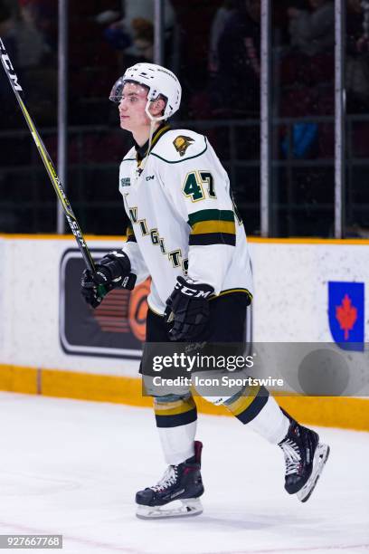 London Knights Forward Sergey Popov salutes the crowd as he's announced for 3 stars selection after Ontario Hockey League action between the London...