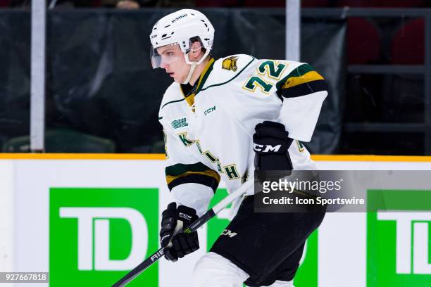 London Knights Defenceman Alec Regula participates in drills during warm-up before Ontario Hockey League action between the London Knights and Ottawa...