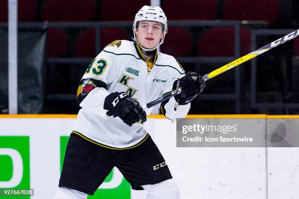 London Knights Forward Richard Whittaker participates in drills during warm-up before Ontario Hockey League action between the London Knights and...