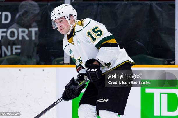 London Knights Forward Cole Tymkin participates in drills during warm-up before Ontario Hockey League action between the London Knights and Ottawa...