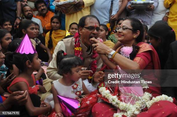 Madhya Pradesh Chief Minister Shivraj Singh Chouhan along with his wife Sadhna Singh celebrates his birthday with orphans of Bal Niketan Hindu...