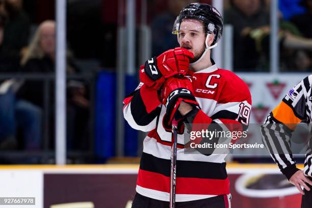 Ottawa 67's Forward Travis Barron watches a scrum from a distance during Ontario Hockey League action between the London Knights and Ottawa 67's on...