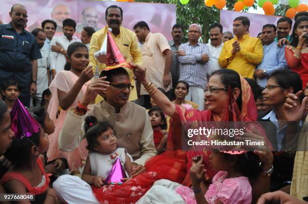 Madhya Pradesh Chief Minister Shivraj Singh Chouhan along with his wife Sadhna Singh celebrates his birthday with orphans of Bal Niketan Hindu...