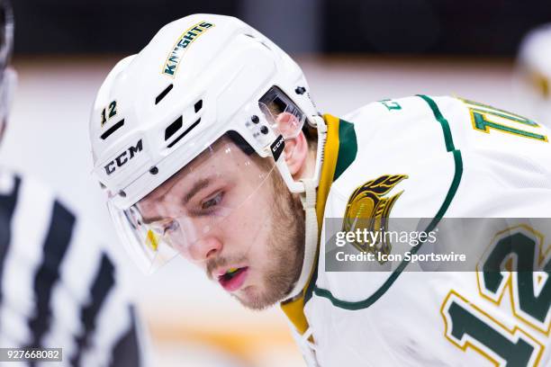 London Knights Forward Alex Turko prepares for a face-off during Ontario Hockey League action between the London Knights and Ottawa 67's on March 4...