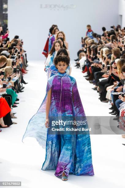 Models walk the runway during the Leonard Paris show as part of the Paris Fashion Week Womenswear Fall/Winter 2018/2019 on March 5, 2018 in Paris,...
