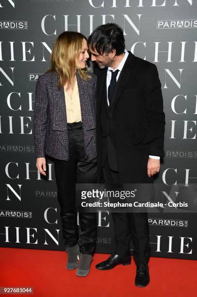 Vanessa Paradis and Samuel Benchetrit attend the "Chien" Paris Premiere at Mk2 Bibliotheque on March 5, 2018 in Paris, France.