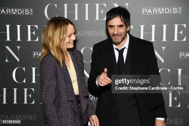 Vanessa Paradis and Samuel Benchetrit attend the "Chien" Paris Premiere at Mk2 Bibliotheque on March 5, 2018 in Paris, France.