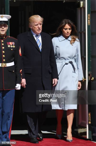 President Donald Trump and First Lady Melania Trump arrive to greet Israel Prime Minister Benjamin Netanyahu and Sara Netanyahu at the White House...