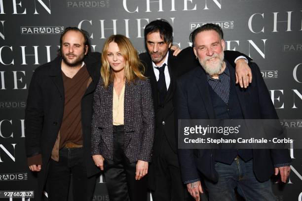 Vincent Macaigne, Vanessa Paradis, Samuel Benchetrit and Bouli Lanners attend the "Chien" Paris Premiere at Mk2 Bibliotheque on March 5, 2018 in...