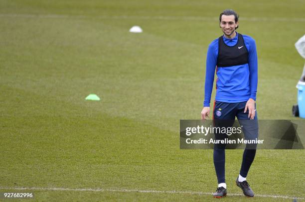 Javier Pastore warms up during a Paris Saint-Germain training session ahead of the Champion's League match against Real Madrid at Centre Ooredoo on...