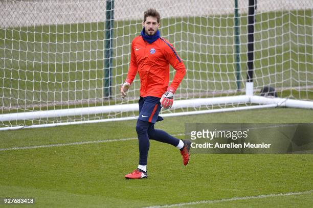 Kevin Trapp warms up during a Paris Saint-Germain training session ahead of the Champion's League match against Real Madrid at Centre Ooredoo on...
