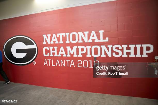 National Championship: Closeup of University of Georgia logo on wall in tunnel before game vs Alabama at Mercedes-Benz Stadium. Atlanta, GA 1/8/2018...