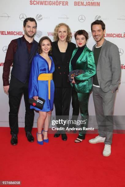 Florian Ross, Emma Drogunova, Juliane Koehler, Jella Haase and Marc Benjamin attend the premiere of 'Vielmachglas' at Cinedom on March 5, 2018 in...