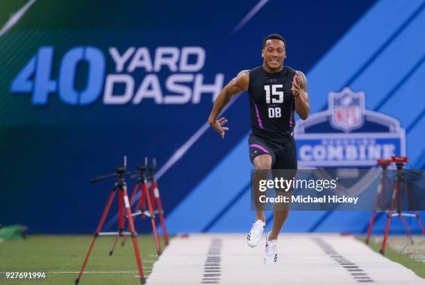 Central Florida defensive back Mike Hughes runs the 40 yard dash during the NFL Scouting Combine at Lucas Oil Stadium on March 5, 2018 in...