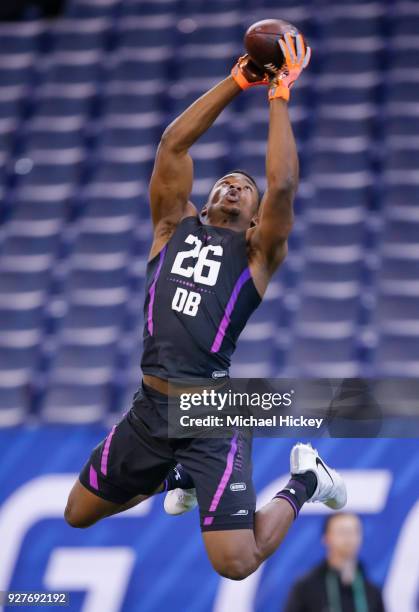 Stanford defensive back Quenton Meeks goes up to make a catch during the NFL Scouting Combine at Lucas Oil Stadium on March 5, 2018 in Indianapolis,...