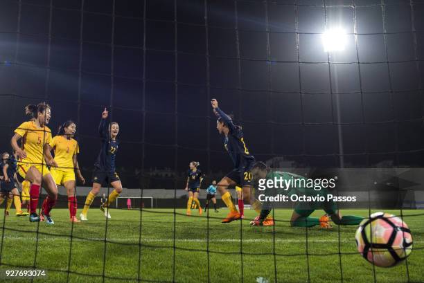 Sam Kerr of Australia scores a goal during the Women's Algarve Cup Tournament match between Australia and China at Estadio Municipal de Albufeira on...