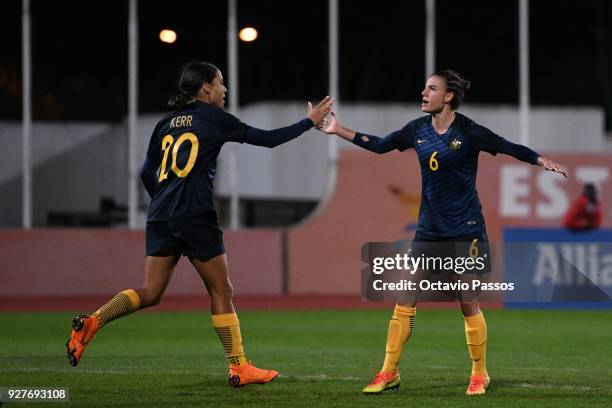 Sam Kerr and Chloe Logarzo of Australia celebrates after scoring a goal during the Women's Algarve Cup Tournament match between Australia and China...