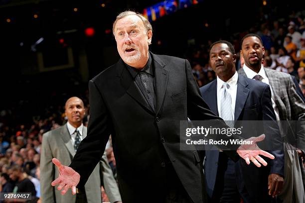 Head coach Rick Adelman of the Houston Rockets reacts during the game against the Golden State Warriors at Oracle Arena on October 28, 2009 in...