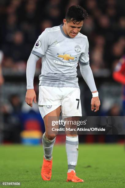 Alexis Sanchez of Man Utd walks off a possible injury during the Premier League match between Crystal Palace and Manchester United at Selhurst Park...