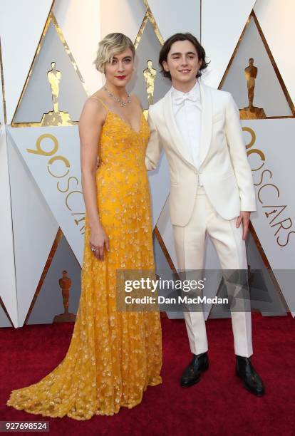 Director Greta Gerwig and actor Timothee Chalamet attend the 90th Annual Academy Awards at Hollywood & Highland Center on March 4, 2018 in Hollywood,...