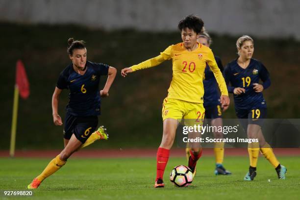 Chloe Logarzo of Australia Women, Zhang Rui of China Women during the Algarve Cup Women match between Australia v China PR at the Estádio Municipal...