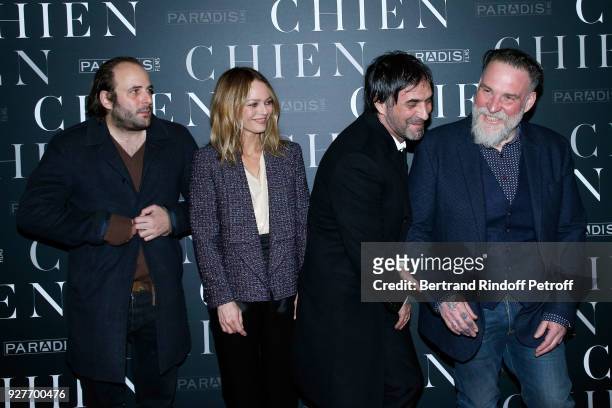 Team of the movie : Actors Vincent Macaigne, Vanessa Paradis, director Samuel Benchetrit and actor Bouli Lanners attend the "Chien" Paris Premiere at...