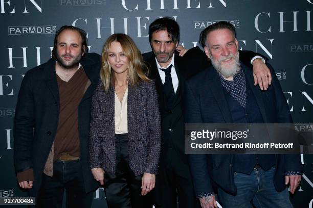 Team of the movie : Actors Vincent Macaigne, Vanessa Paradis, director Samuel Benchetrit and actor Bouli Lanners attend the "Chien" Paris Premiere at...
