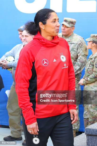 Germany head coach Steffie Jones prior to the first half of the SheBelieves Cup Womens Soccer game between Germany and England on March 4 at Red Bull...