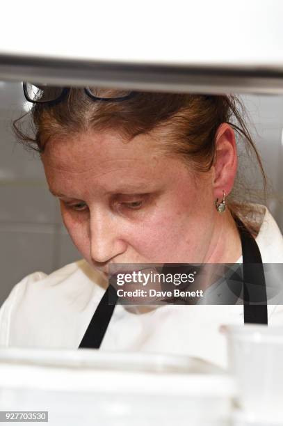 Chef Angela Hartnett prepares food in the kitchen at Who's Cooking Dinner? 2018, a charity dinner featuring 20 of the capital's finest chefs cooking...