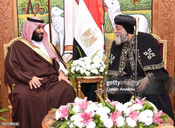 Crown Prince of Saudi Arabia Mohammad bin Salman al-Saud meets with The Pope of the Coptic Orthodox Church Pope Tawadros II in Cairo, Egypt on March...
