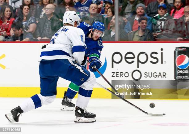 Anton Stralman of the Tampa Bay Lightning looks on as Sven Baertschi of the Vancouver Canucks takes a shot during their NHL game at Rogers Arena...