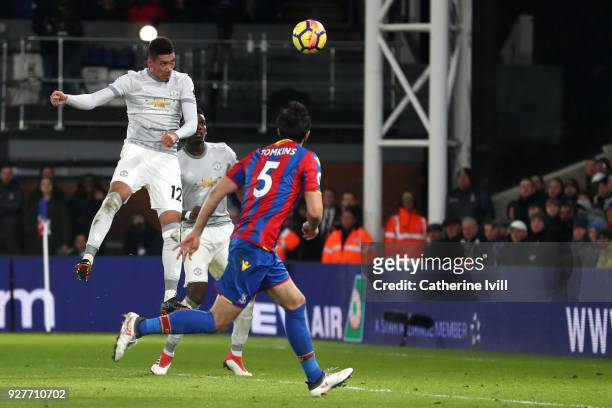 Chris Smalling of Manchester United scores the first Manchester United goal during the Premier League match between Crystal Palace and Manchester...