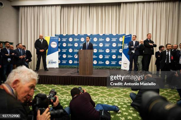 Luigi Di Maio, leader of 5-Star Movement , speaks during a press conference after the Italian general election on March 5, 2018 in Rome, Italy....