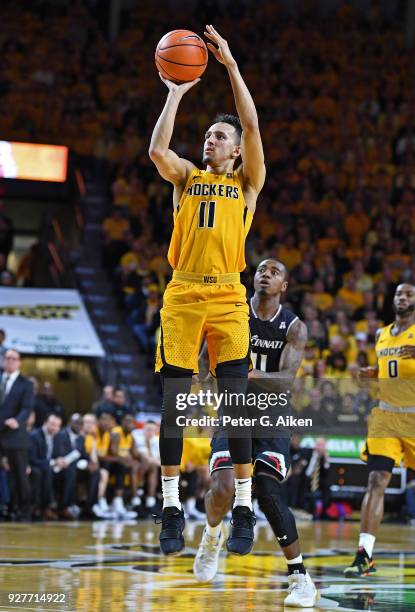 Landry Shamet of the Wichita State Shockers puts up a shot during the first half against the Cincinnati Bearcats on March 4, 2018 at Charles Koch...